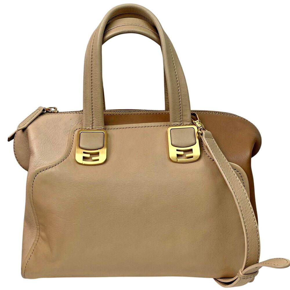 FENDI Chameleon Tri Nude Beige Tan Camel Leather Satchel Top Handle Bag Strap